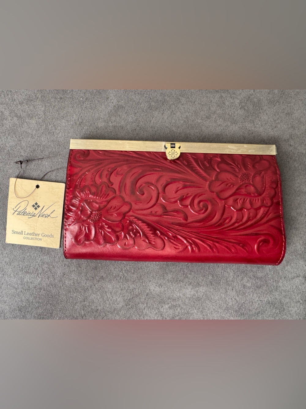 Patricia Nash Ruby Red Leather RFID Frame Wallet Floral Embossed NWT